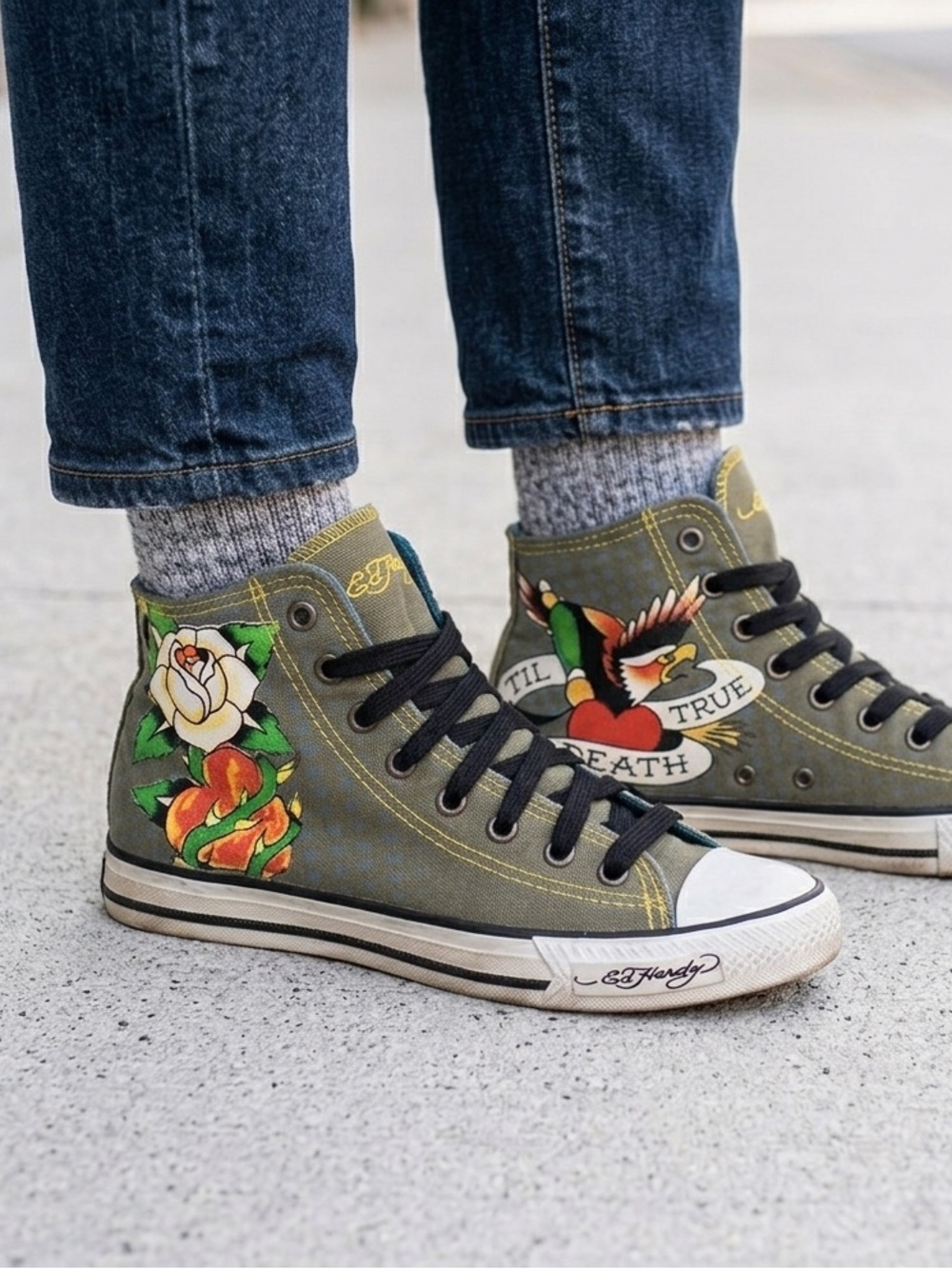 ED HARDY Hi-Top Sneakers True Til Death Youth sz 3 Tattoo Y2K Canvas Streetwear